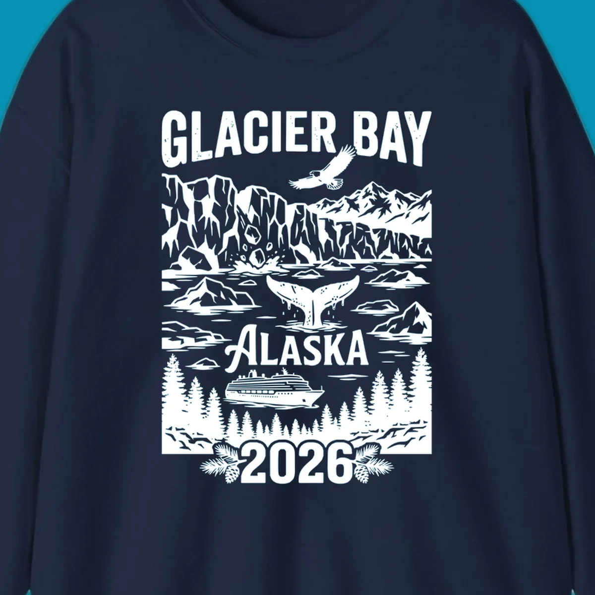 Glacier Bay cruise 2026 design featuring glaciers, bald eagle, whale tail, cruise ship, mountains, and evergreen trees in white illustration on gray background