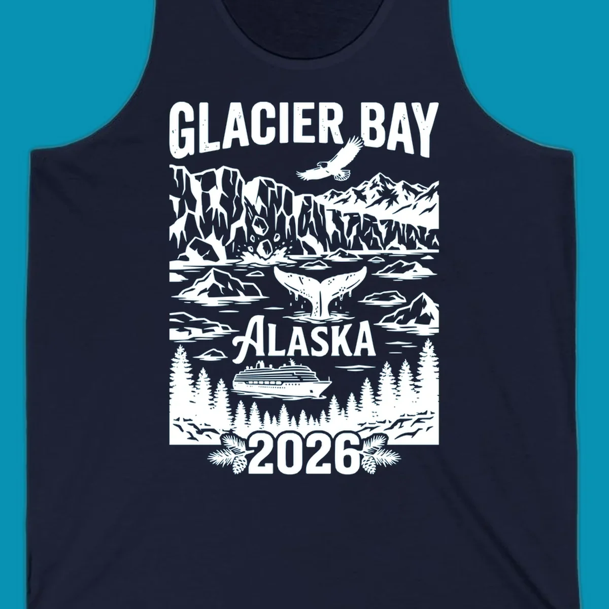 Glacier Bay cruise 2026 design featuring glaciers, bald eagle, whale tail, cruise ship, mountains, and evergreen trees in white illustration on gray background