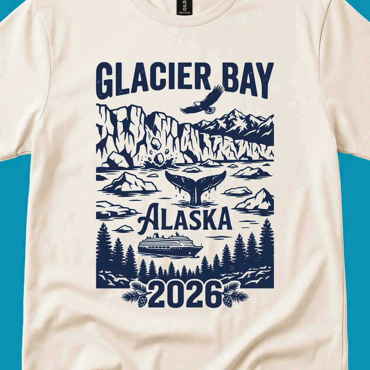 Glacier Bay cruise 2026 design featuring glaciers, bald eagle, whale tail, cruise ship, mountains, and evergreen trees in white illustration on gray background