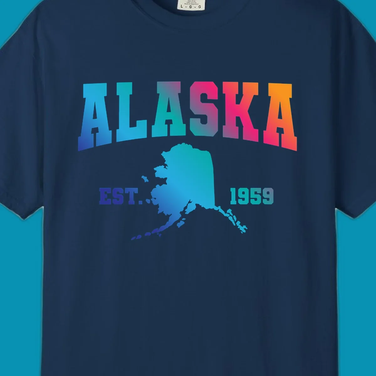 Colorful Alaska established 1959 design with gradient text and state map silhouette for cruise shirts