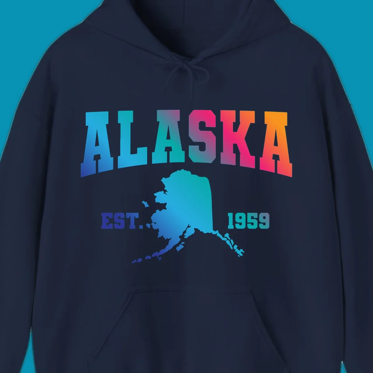 Colorful Alaska established 1959 design with gradient text and state map silhouette for cruise shirts
