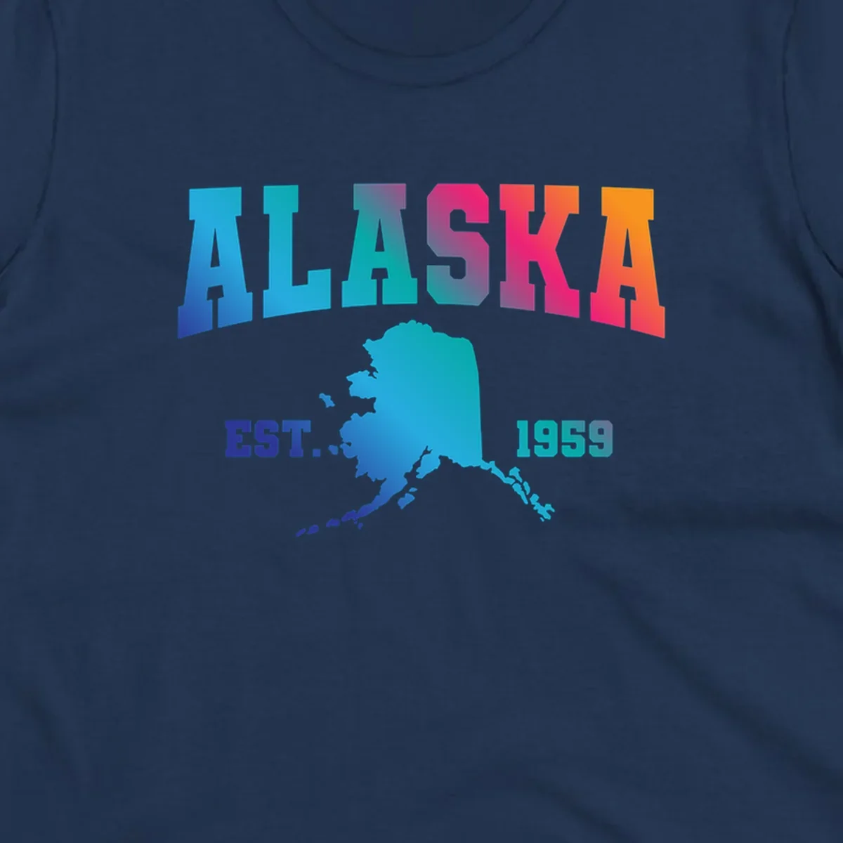 Colorful Alaska established 1959 design with gradient text and state map silhouette for cruise shirts