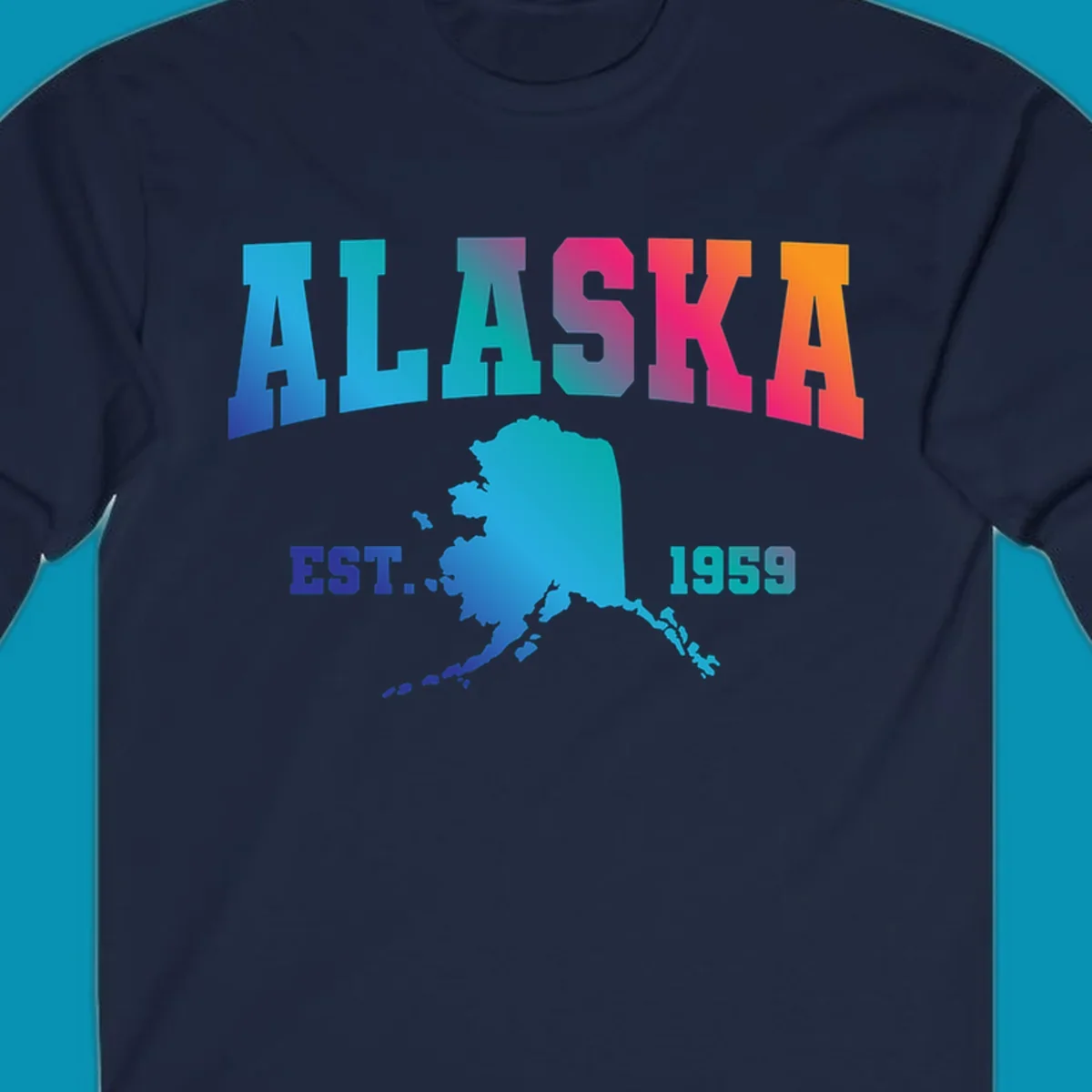 Colorful Alaska established 1959 design with gradient text and state map silhouette for cruise shirts