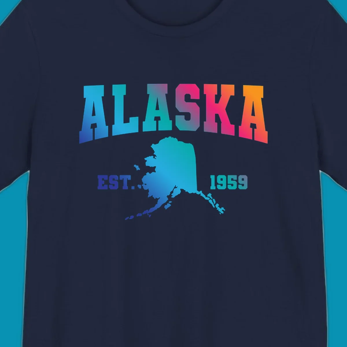 Colorful Alaska established 1959 design with gradient text and state map silhouette for cruise shirts