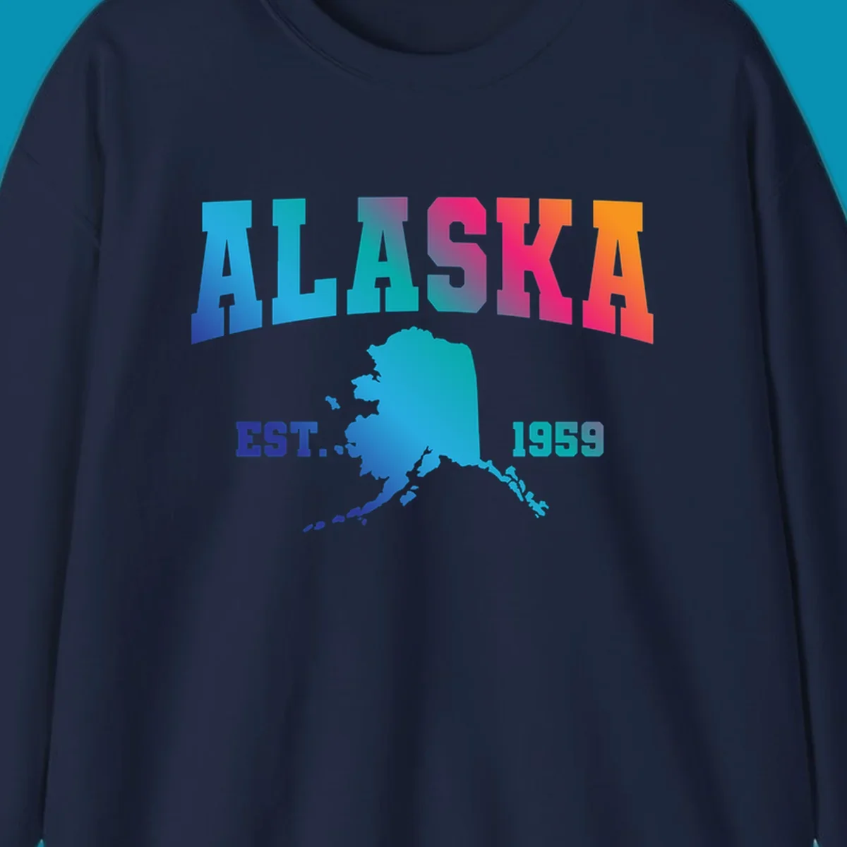 Colorful Alaska established 1959 design with gradient text and state map silhouette for cruise shirts