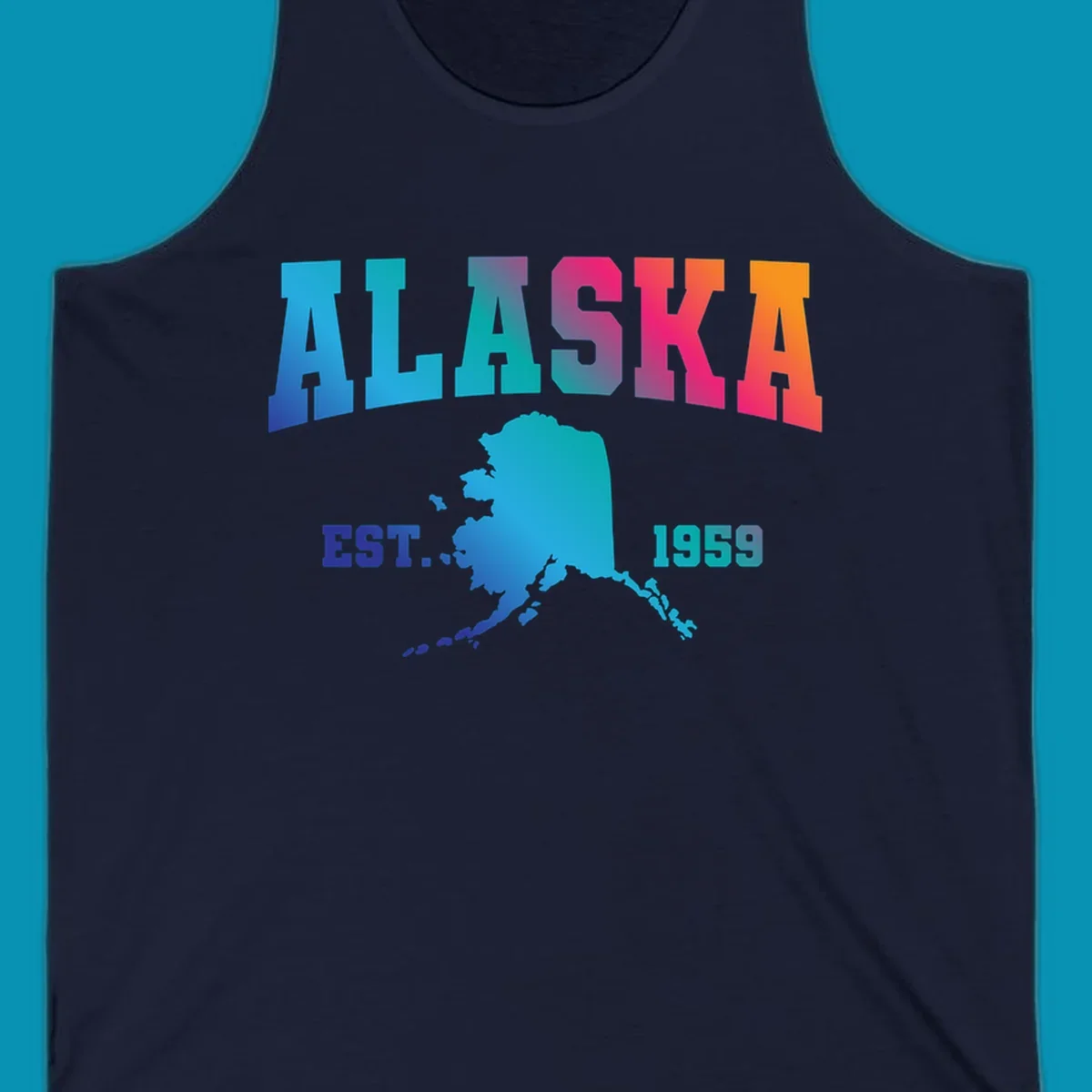 Colorful Alaska established 1959 design with gradient text and state map silhouette for cruise shirts