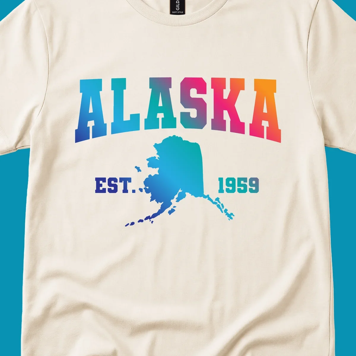Colorful Alaska established 1959 design with gradient text and state map silhouette for cruise shirts