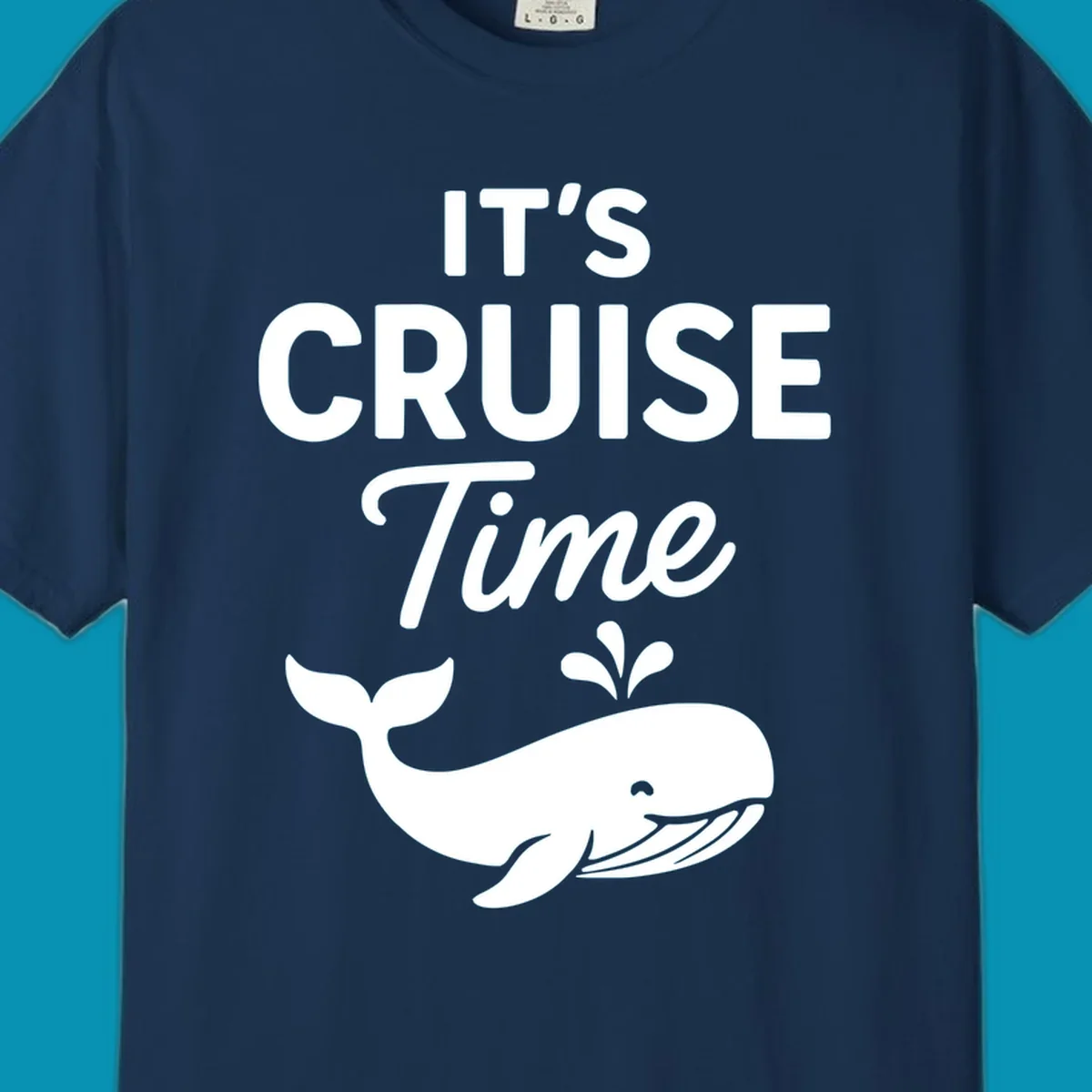 White text reading "IT'S CRUISE Time" with a smiling whale illustration spouting water below on gray background.