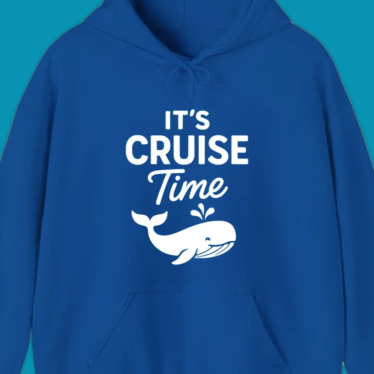 White text reading "IT'S CRUISE Time" with a smiling whale illustration spouting water below on gray background.