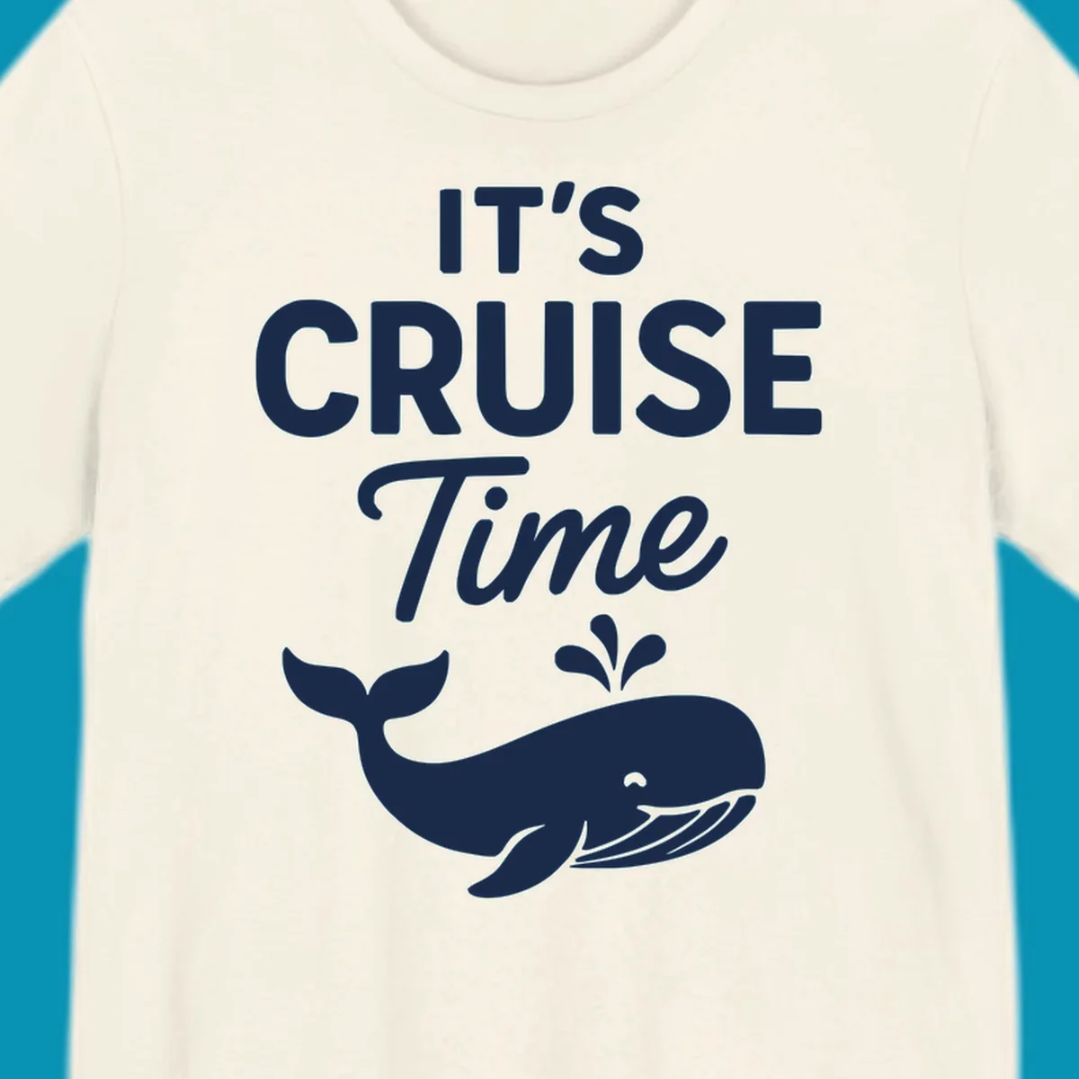 White text reading "IT'S CRUISE Time" with a smiling whale illustration spouting water below on gray background.