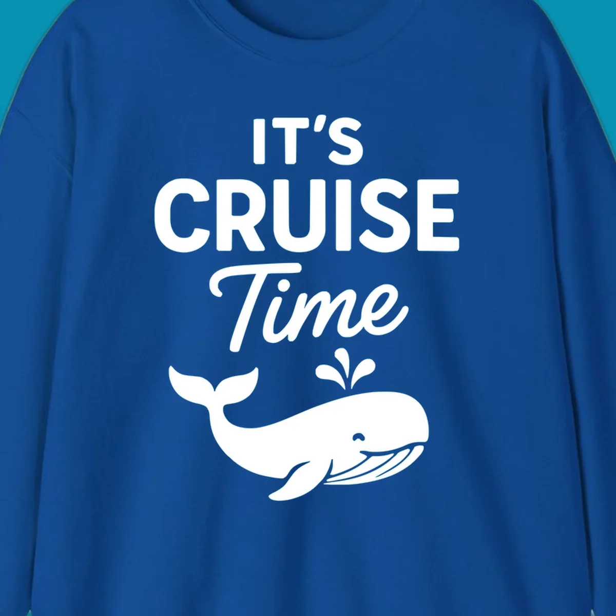 White text reading "IT'S CRUISE Time" with a smiling whale illustration spouting water below on gray background.