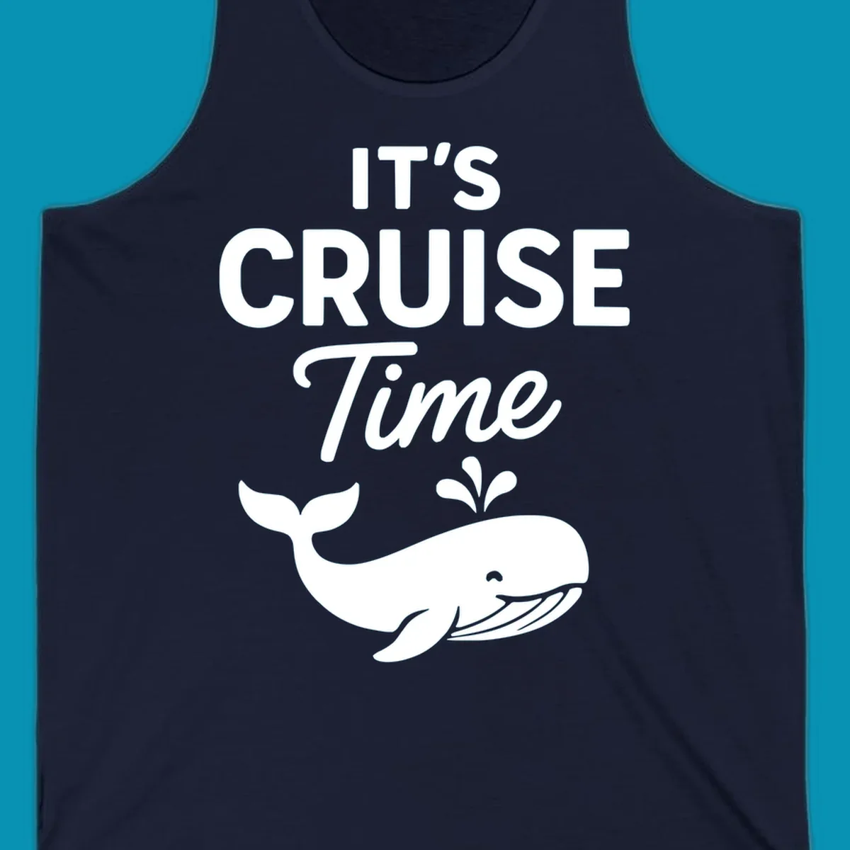 White text reading "IT'S CRUISE Time" with a smiling whale illustration spouting water below on gray background.
