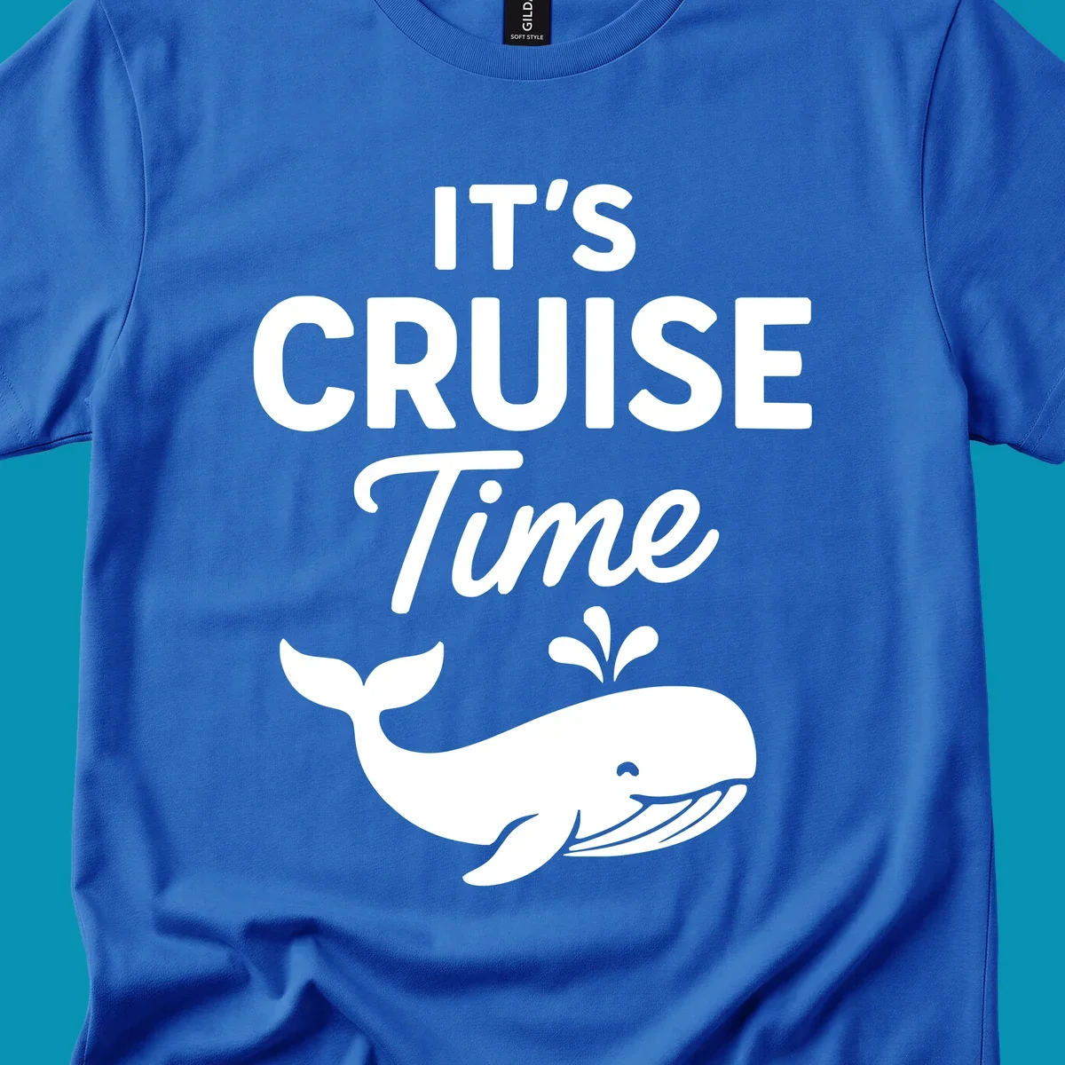 White text reading "IT'S CRUISE Time" with a smiling whale illustration spouting water below on gray background.