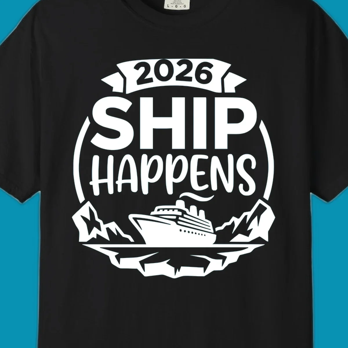 Ship Happens 2026 cruise badge design with ocean liner, mountains, stars, and decorative emblem frame