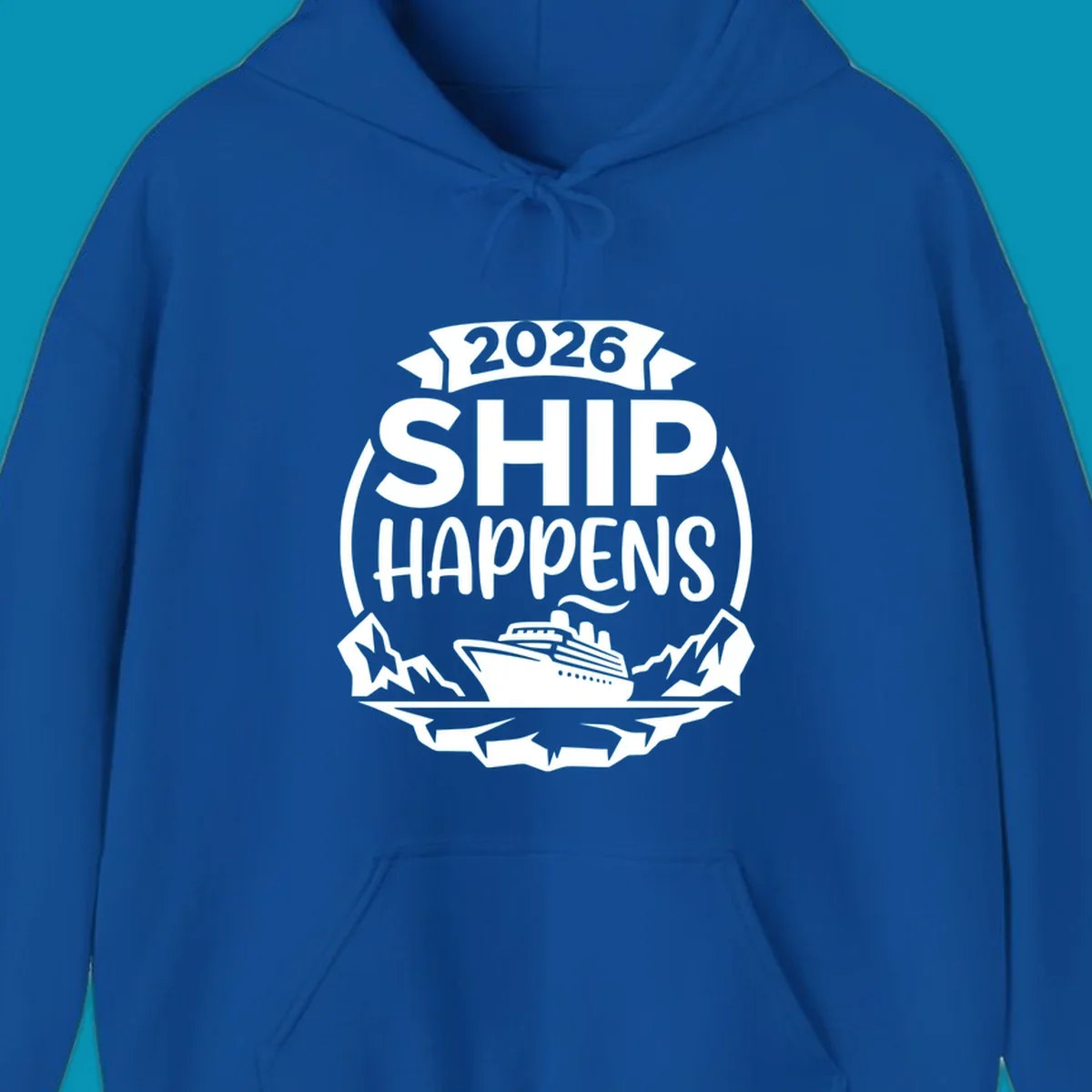 Ship Happens 2026 cruise badge design with ocean liner, mountains, stars, and decorative emblem frame
