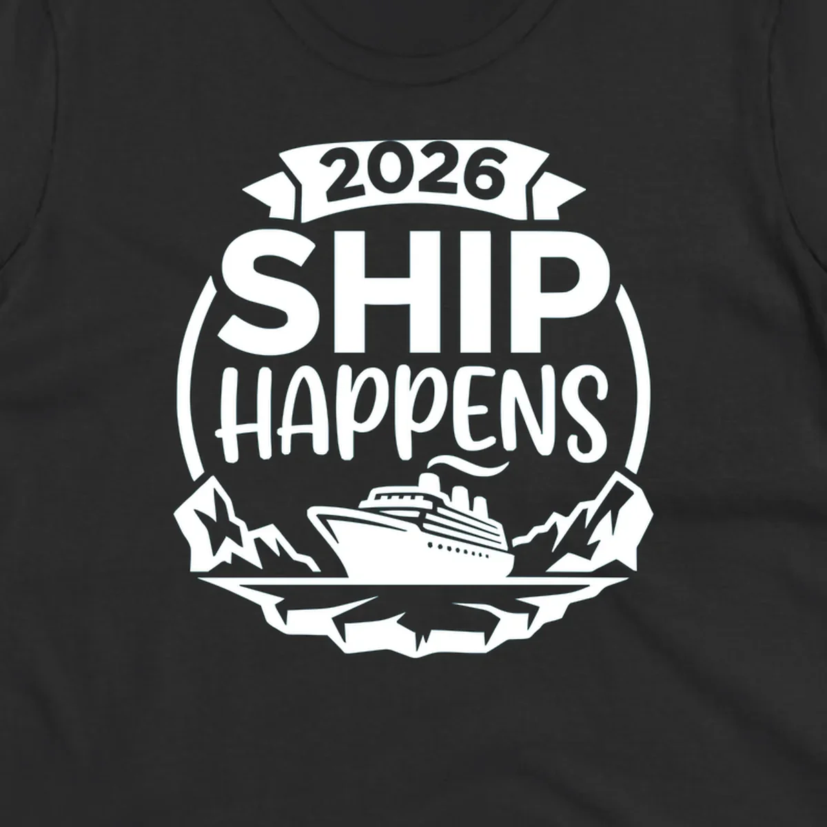 Ship Happens 2026 cruise badge design with ocean liner, mountains, stars, and decorative emblem frame