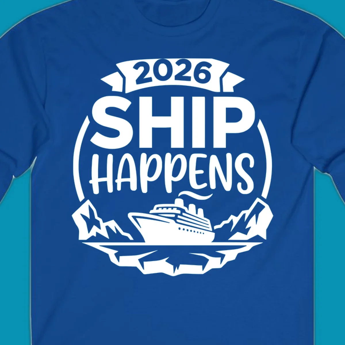 Ship Happens 2026 cruise badge design with ocean liner, mountains, stars, and decorative emblem frame