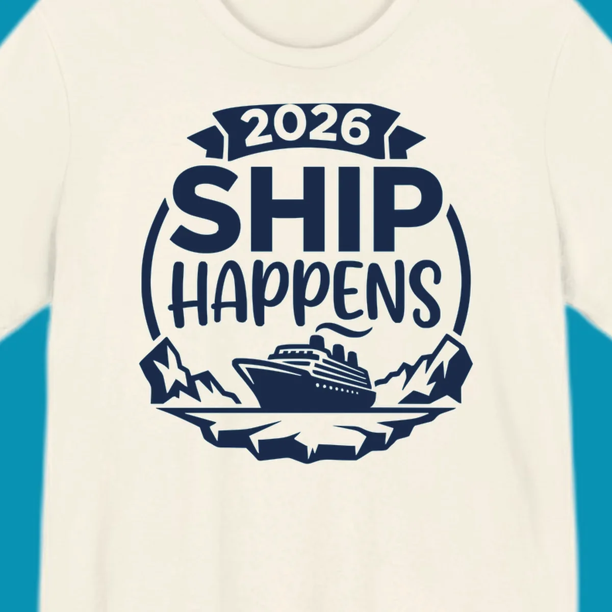 Ship Happens 2026 cruise badge design with ocean liner, mountains, stars, and decorative emblem frame