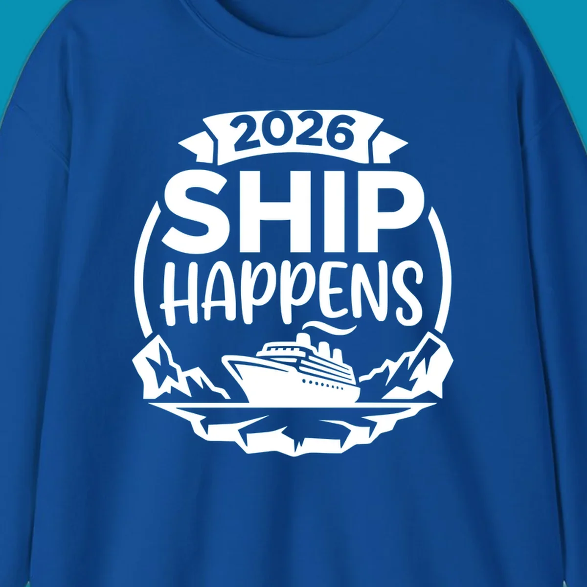 Ship Happens 2026 cruise badge design with ocean liner, mountains, stars, and decorative emblem frame
