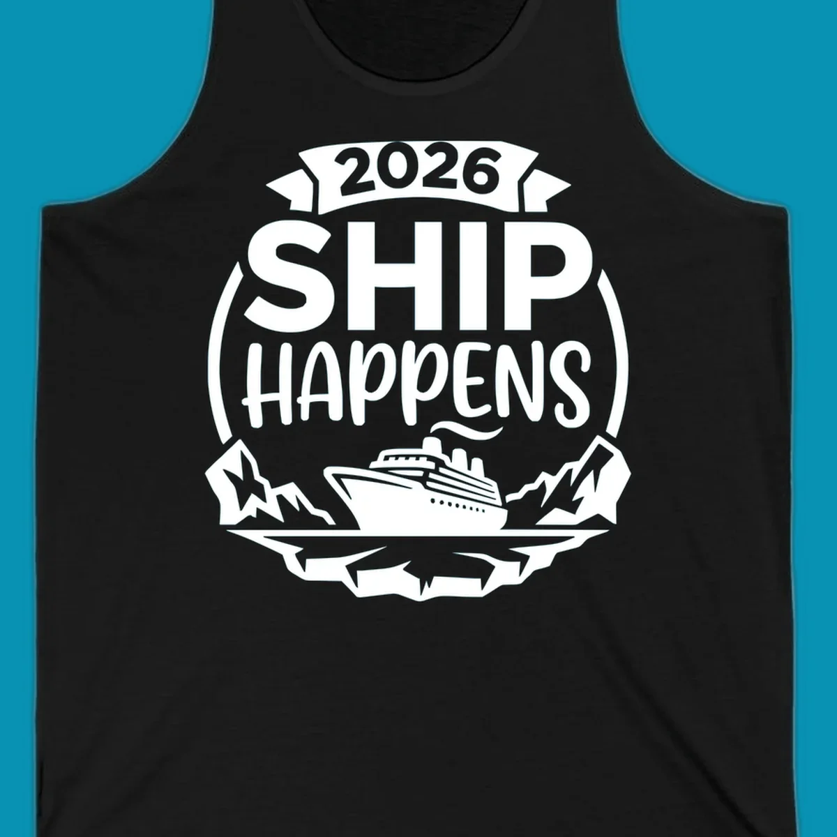 Ship Happens 2026 cruise badge design with ocean liner, mountains, stars, and decorative emblem frame