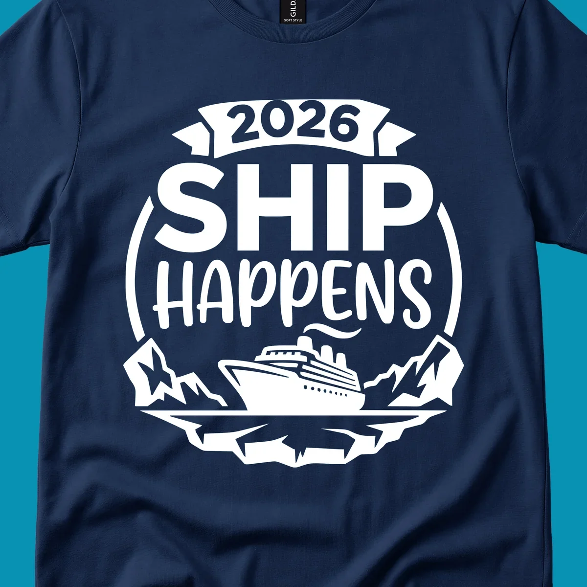 Ship Happens 2026 cruise badge design with ocean liner, mountains, stars, and decorative emblem frame