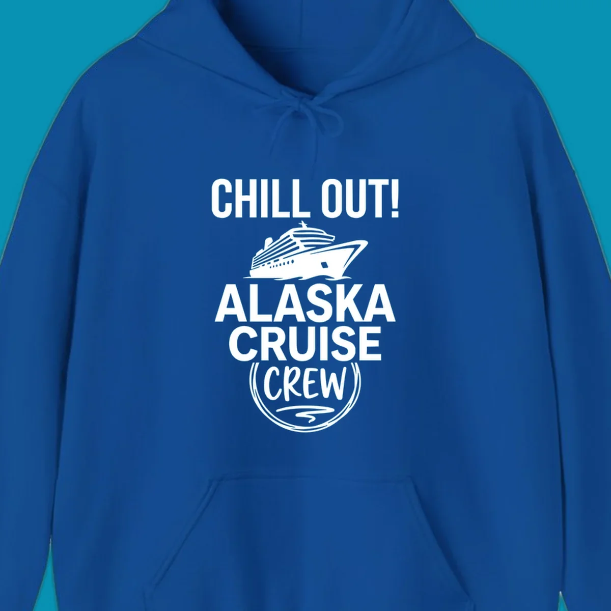 Chill Out Alaska Cruise Crew design with cruise ship illustration in circular badge frame on gray background