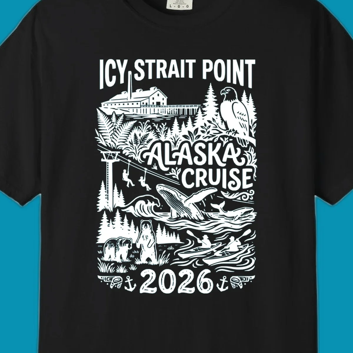 Vintage monochrome design of Icy Strait Point Alaska cruise featuring steamship, bald eagle, breaching whale, bears, zipliners, and forest scenery with 2026 date.