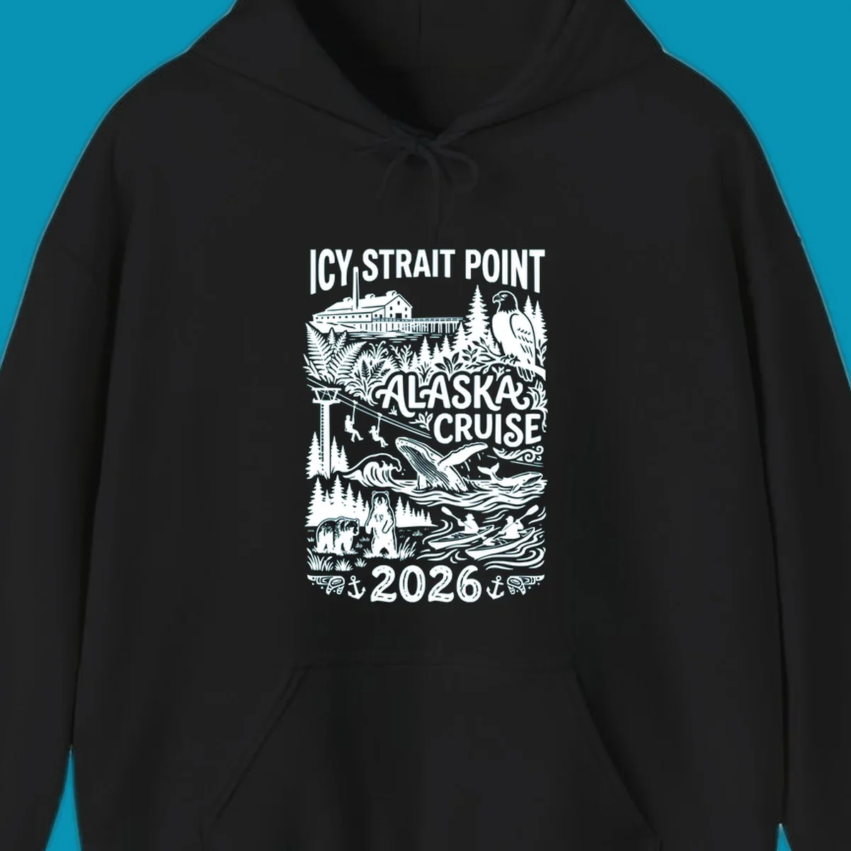 Vintage monochrome design of Icy Strait Point Alaska cruise featuring steamship, bald eagle, breaching whale, bears, zipliners, and forest scenery with 2026 date.