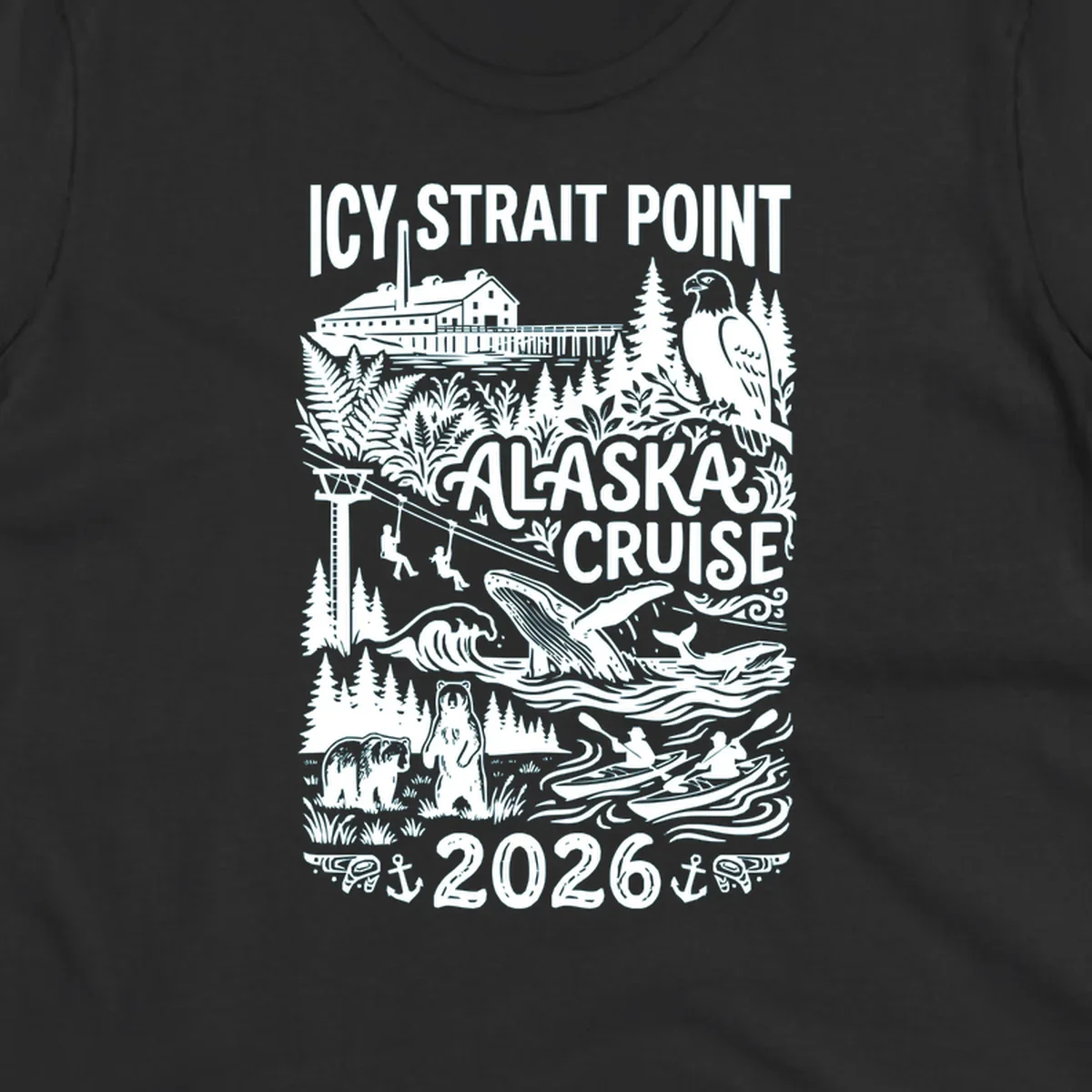 Vintage monochrome design of Icy Strait Point Alaska cruise featuring steamship, bald eagle, breaching whale, bears, zipliners, and forest scenery with 2026 date.