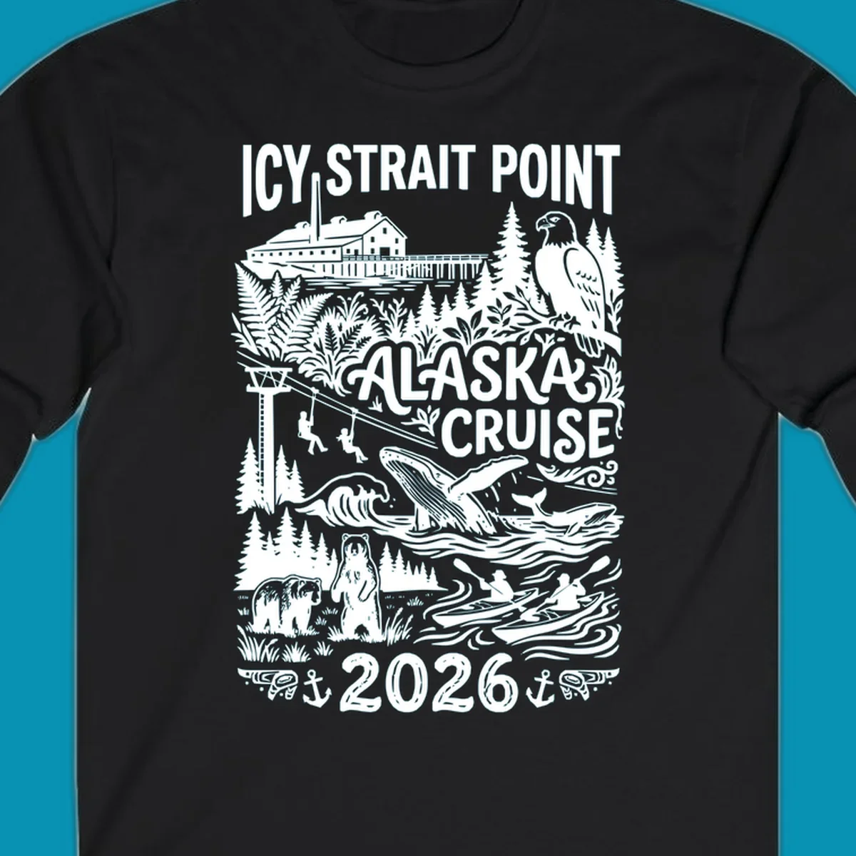 Vintage monochrome design of Icy Strait Point Alaska cruise featuring steamship, bald eagle, breaching whale, bears, zipliners, and forest scenery with 2026 date.