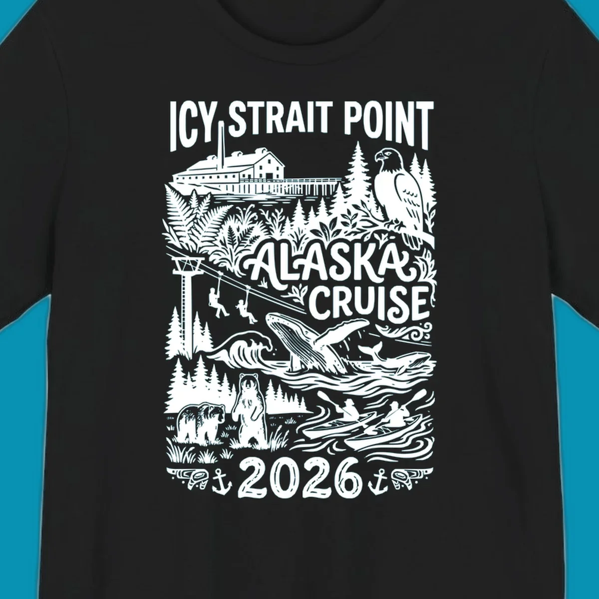 Vintage monochrome design of Icy Strait Point Alaska cruise featuring steamship, bald eagle, breaching whale, bears, zipliners, and forest scenery with 2026 date.