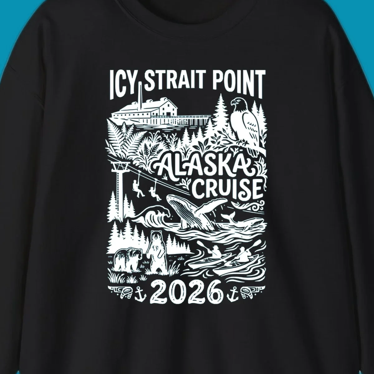 Vintage monochrome design of Icy Strait Point Alaska cruise featuring steamship, bald eagle, breaching whale, bears, zipliners, and forest scenery with 2026 date.