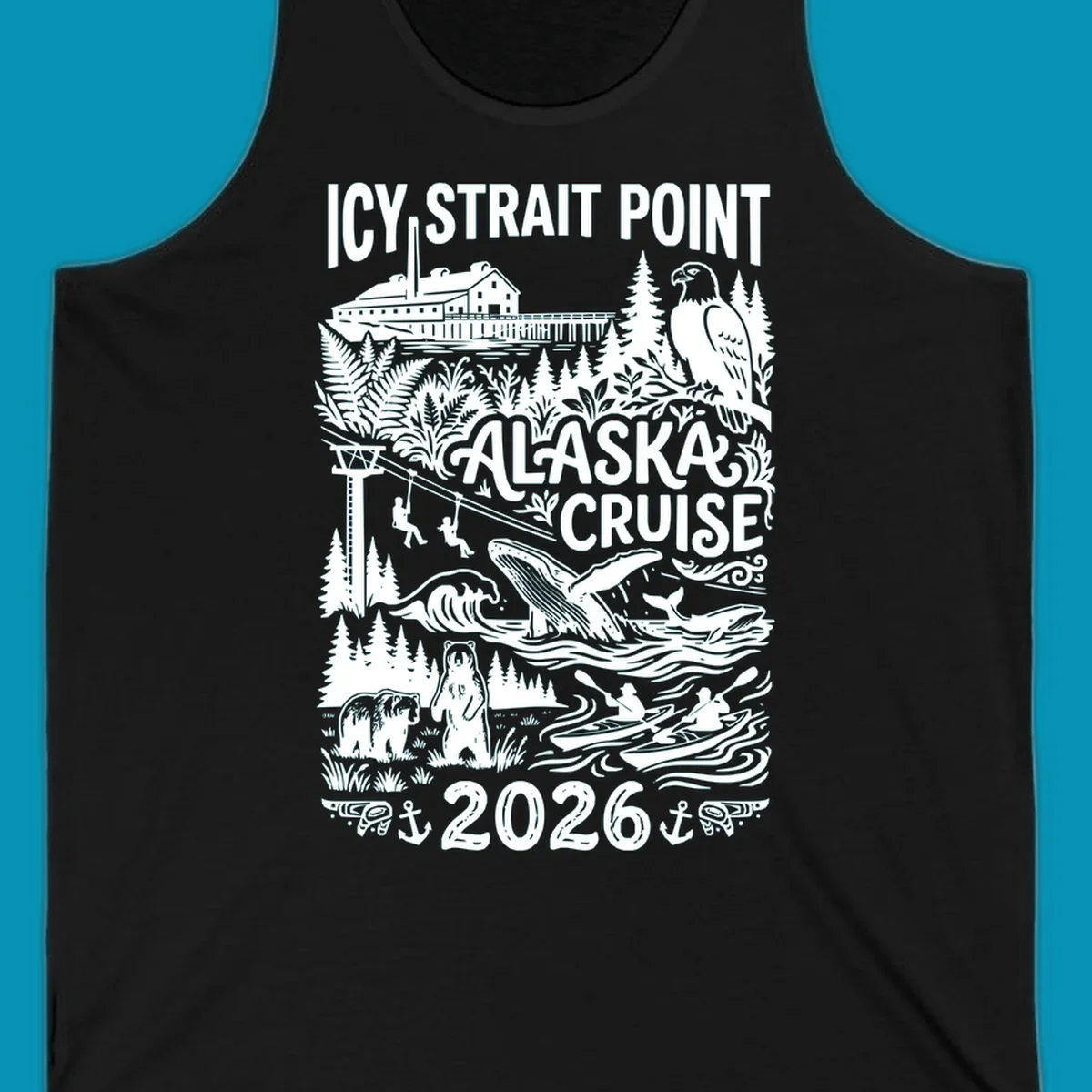 Vintage monochrome design of Icy Strait Point Alaska cruise featuring steamship, bald eagle, breaching whale, bears, zipliners, and forest scenery with 2026 date.
