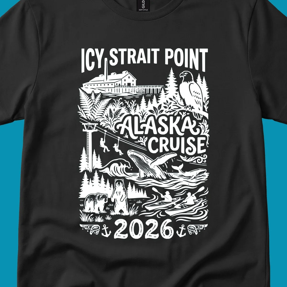 Vintage monochrome design of Icy Strait Point Alaska cruise featuring steamship, bald eagle, breaching whale, bears, zipliners, and forest scenery with 2026 date.
