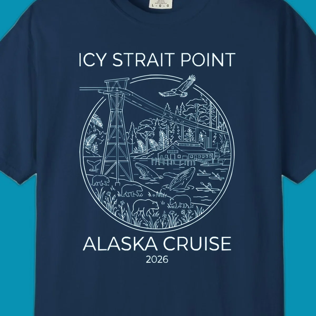 Circular line-art illustration of Icy Strait Point wildlife including lighthouse, bears, whales, bald eagle, kayakers, and forest landscape