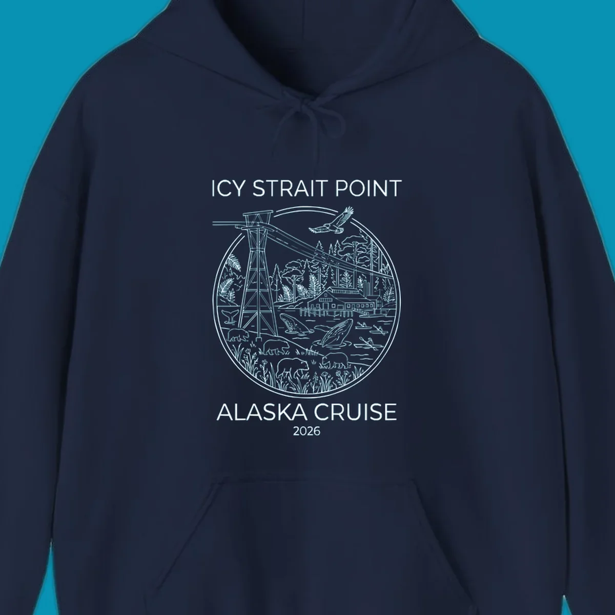 Circular line-art illustration of Icy Strait Point wildlife including lighthouse, bears, whales, bald eagle, kayakers, and forest landscape