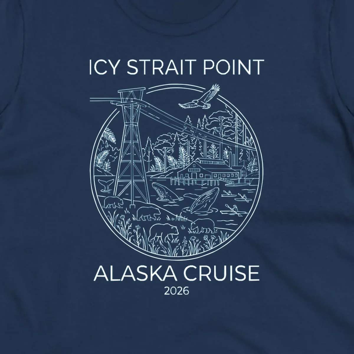 Circular line-art illustration of Icy Strait Point wildlife including lighthouse, bears, whales, bald eagle, kayakers, and forest landscape