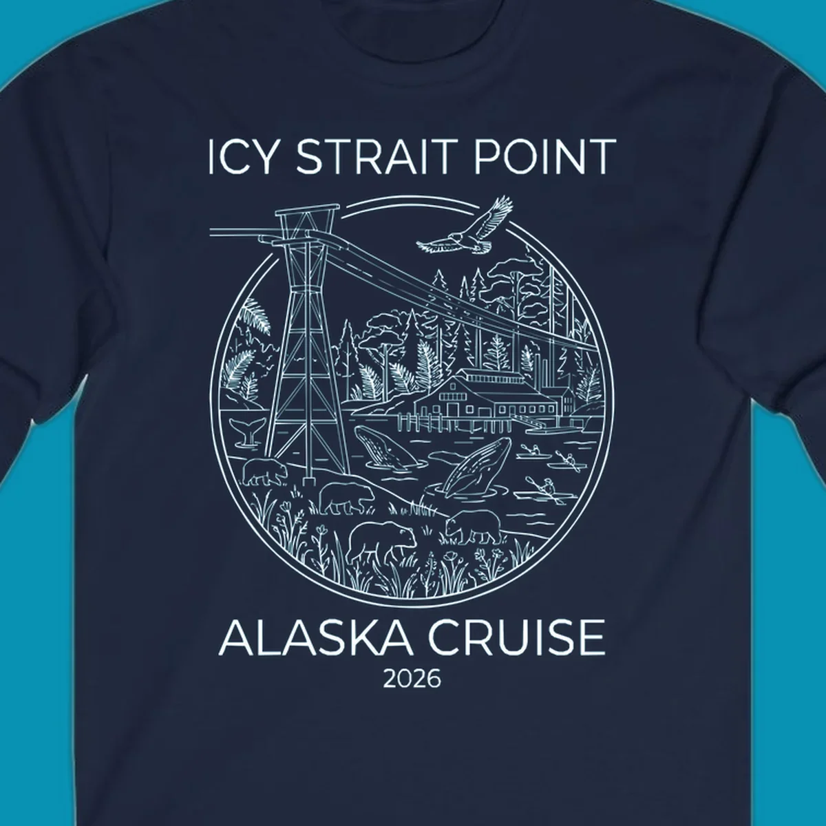 Circular line-art illustration of Icy Strait Point wildlife including lighthouse, bears, whales, bald eagle, kayakers, and forest landscape