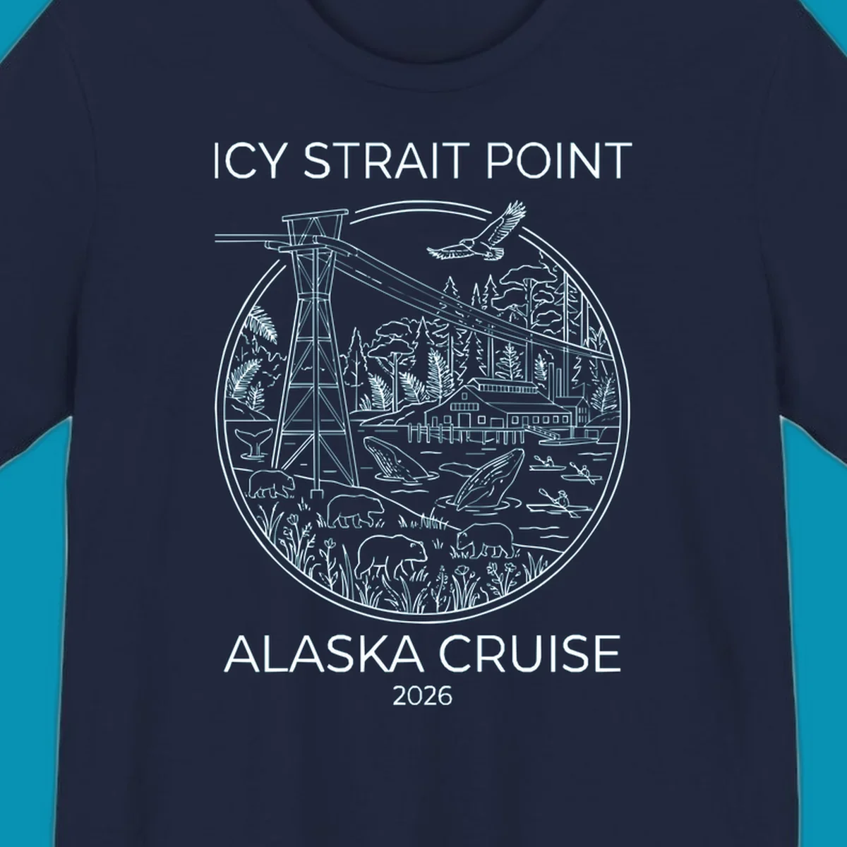 Circular line-art illustration of Icy Strait Point wildlife including lighthouse, bears, whales, bald eagle, kayakers, and forest landscape