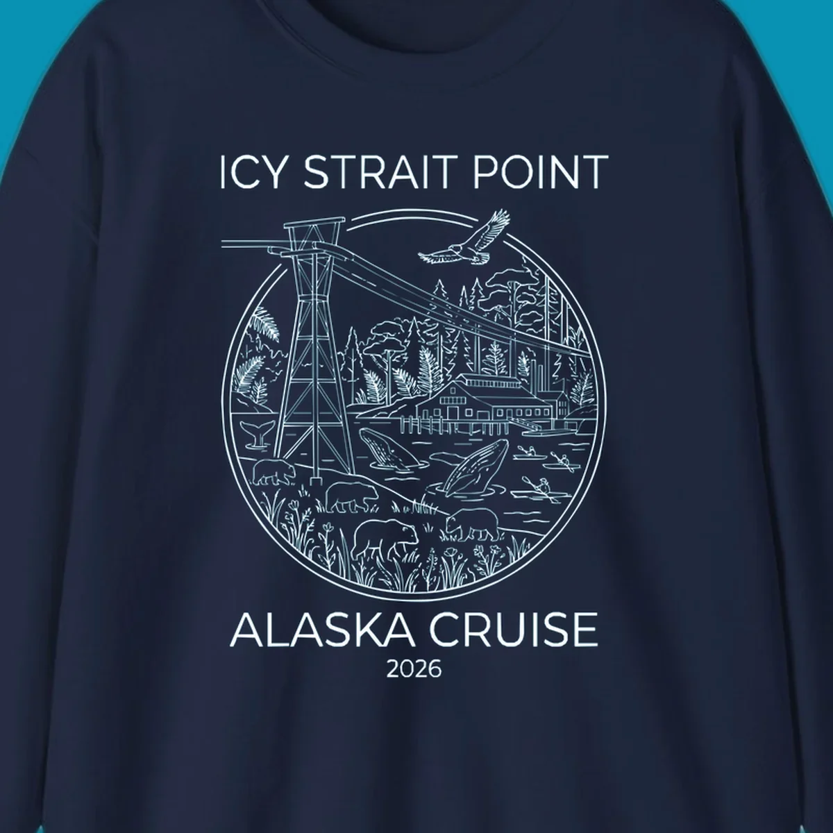 Circular line-art illustration of Icy Strait Point wildlife including lighthouse, bears, whales, bald eagle, kayakers, and forest landscape
