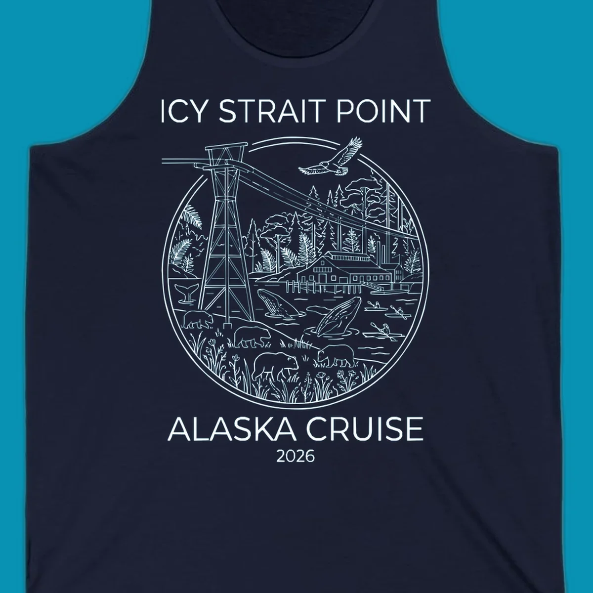 Circular line-art illustration of Icy Strait Point wildlife including lighthouse, bears, whales, bald eagle, kayakers, and forest landscape