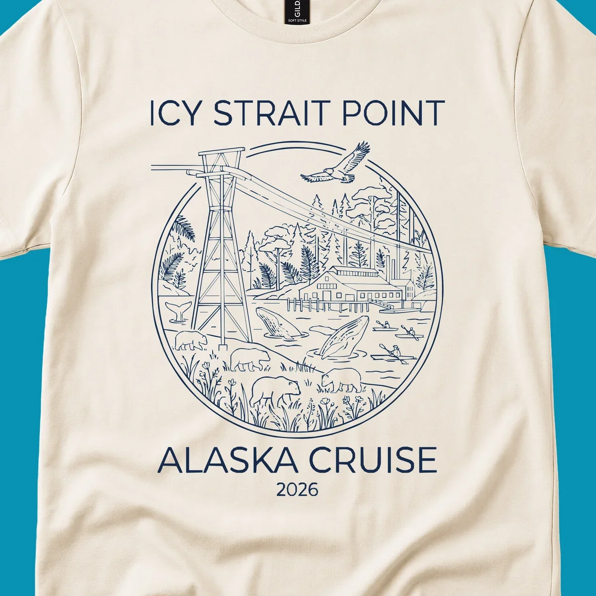 Circular line-art illustration of Icy Strait Point wildlife including lighthouse, bears, whales, bald eagle, kayakers, and forest landscape