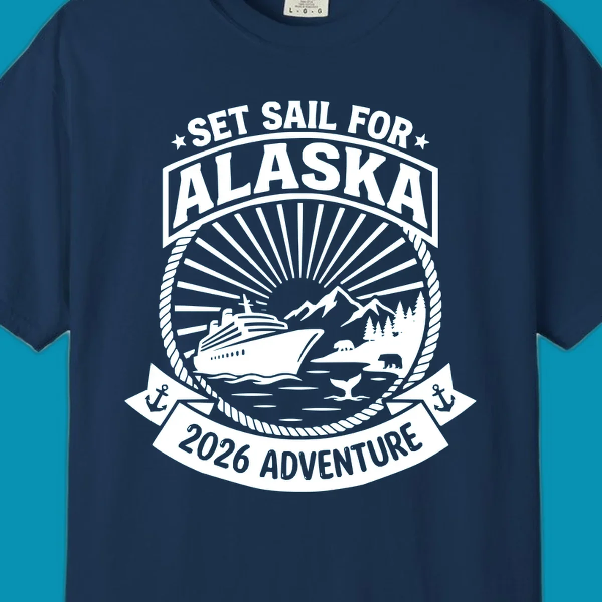 Set sail Alaska 2026 adventure badge with cruise ship, mountains, bears, whale tail, and nautical rope border design
