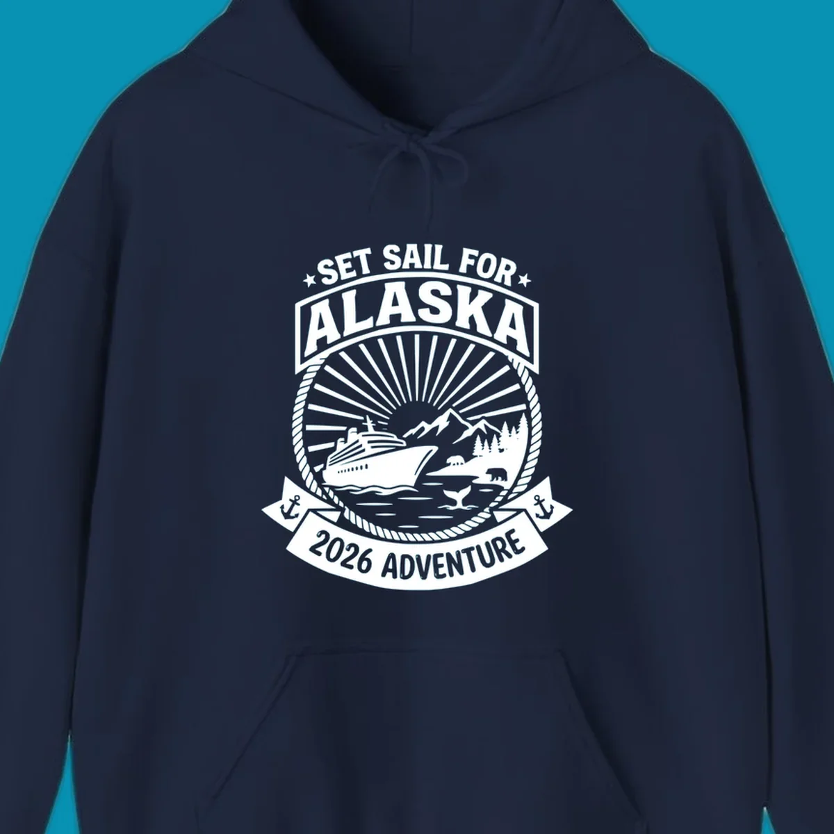 Set sail Alaska 2026 adventure badge with cruise ship, mountains, bears, whale tail, and nautical rope border design
