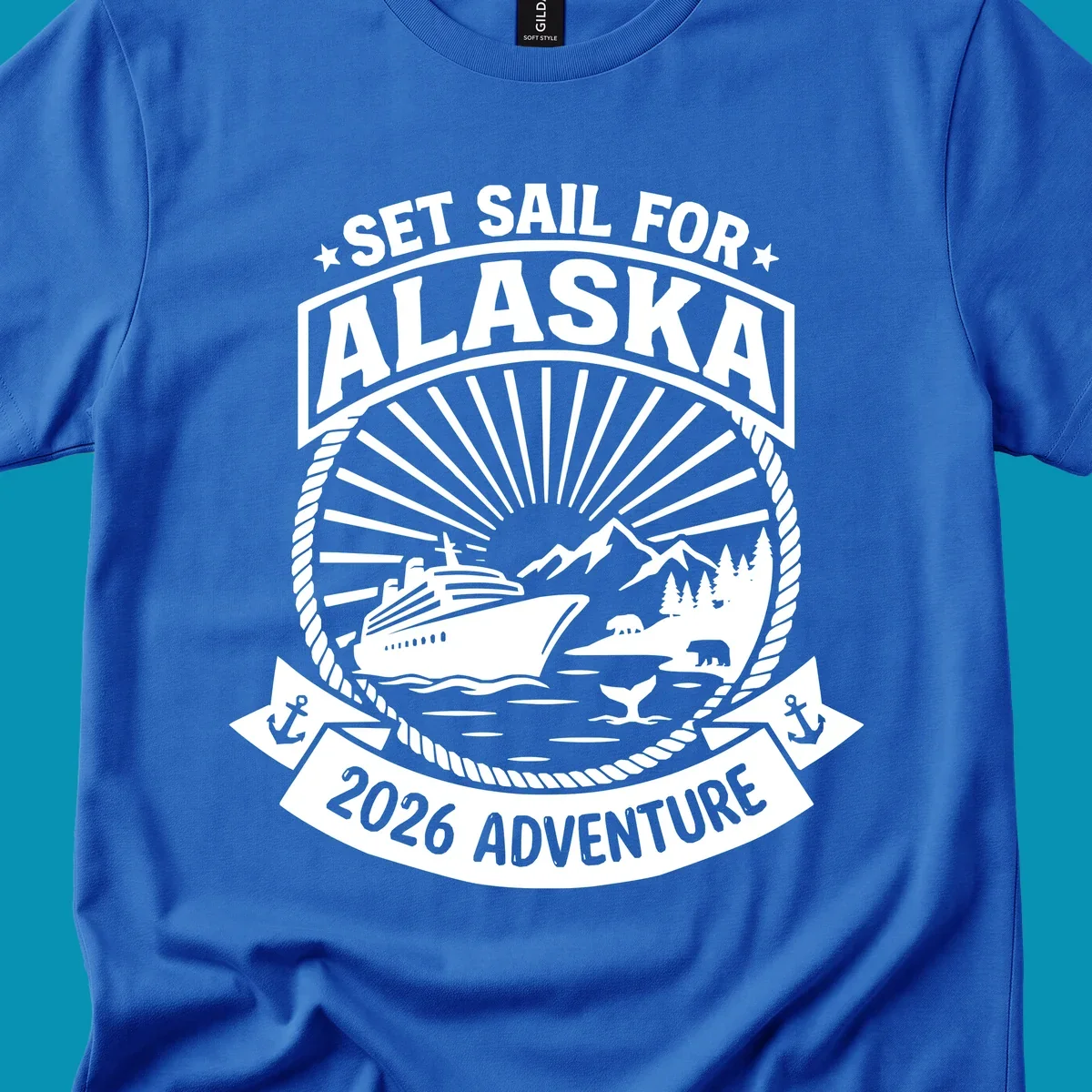 Set sail Alaska 2026 adventure badge with cruise ship, mountains, bears, whale tail, and nautical rope border design
