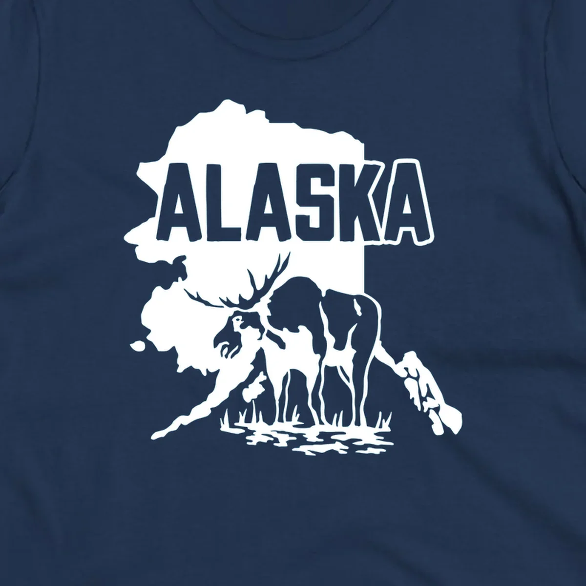 Alaska state map silhouette filled with moose, bear, and eagle wildlife illustrations with grass and water landscape elements