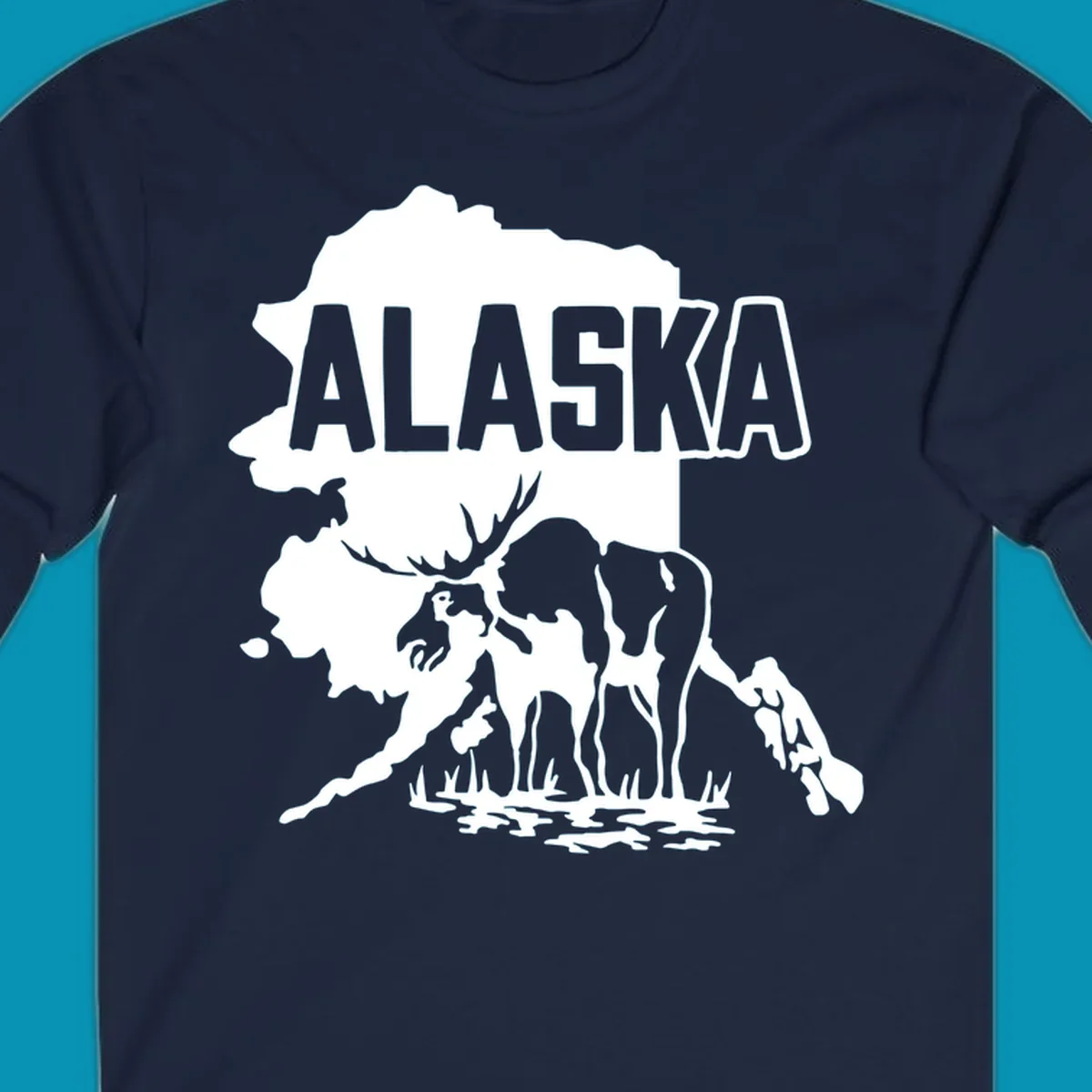 Alaska state map silhouette filled with moose, bear, and eagle wildlife illustrations with grass and water landscape elements