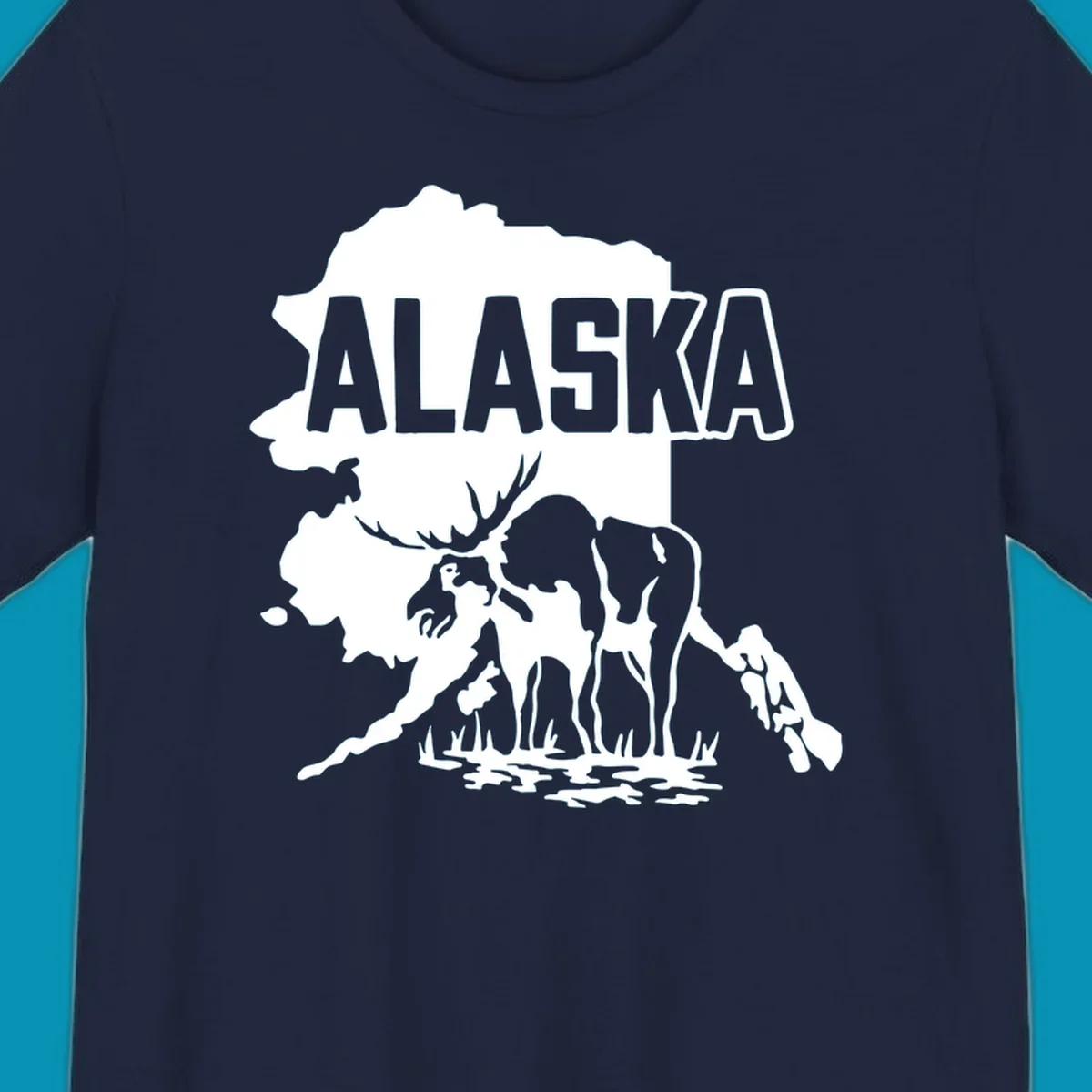Alaska state map silhouette filled with moose, bear, and eagle wildlife illustrations with grass and water landscape elements