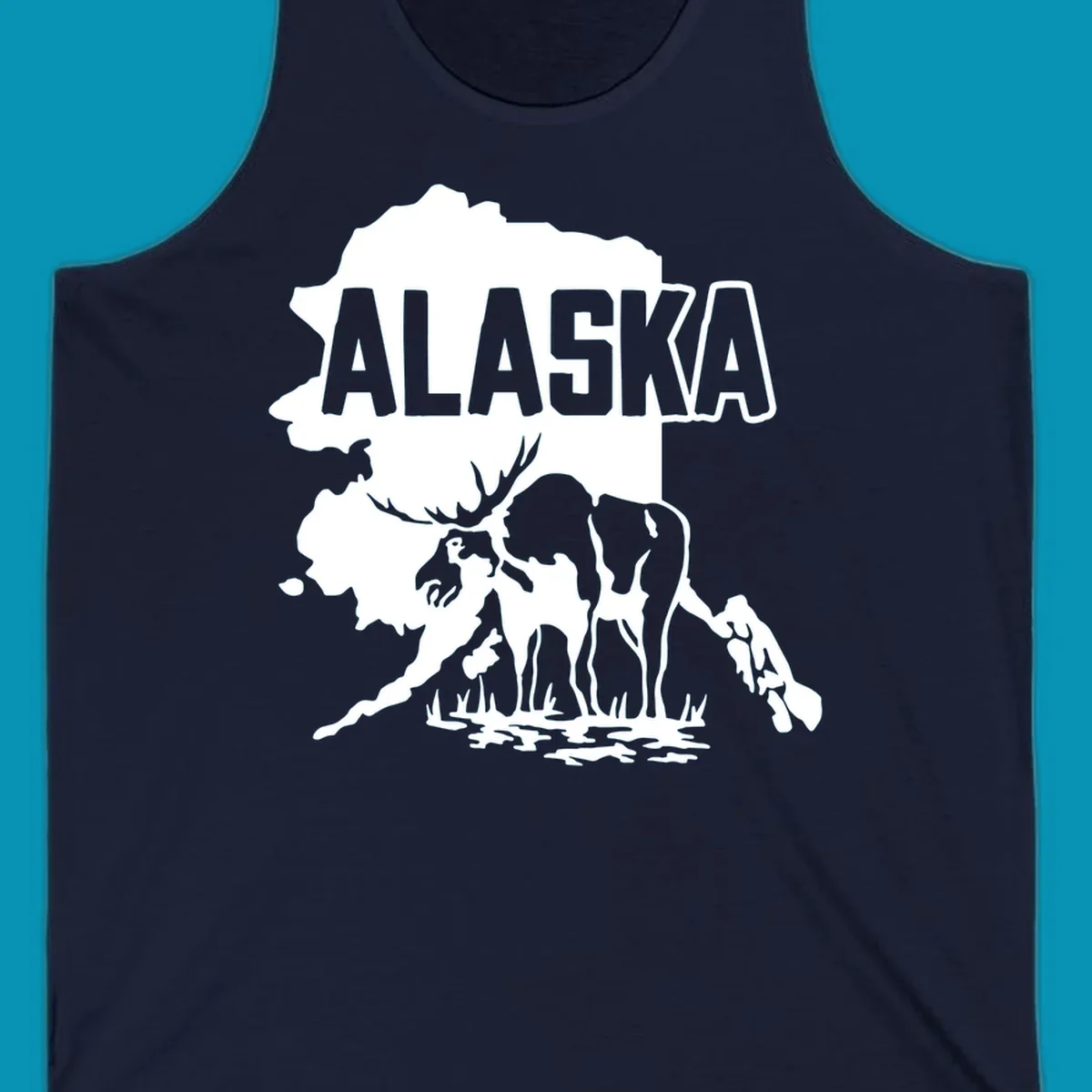 Alaska state map silhouette filled with moose, bear, and eagle wildlife illustrations with grass and water landscape elements