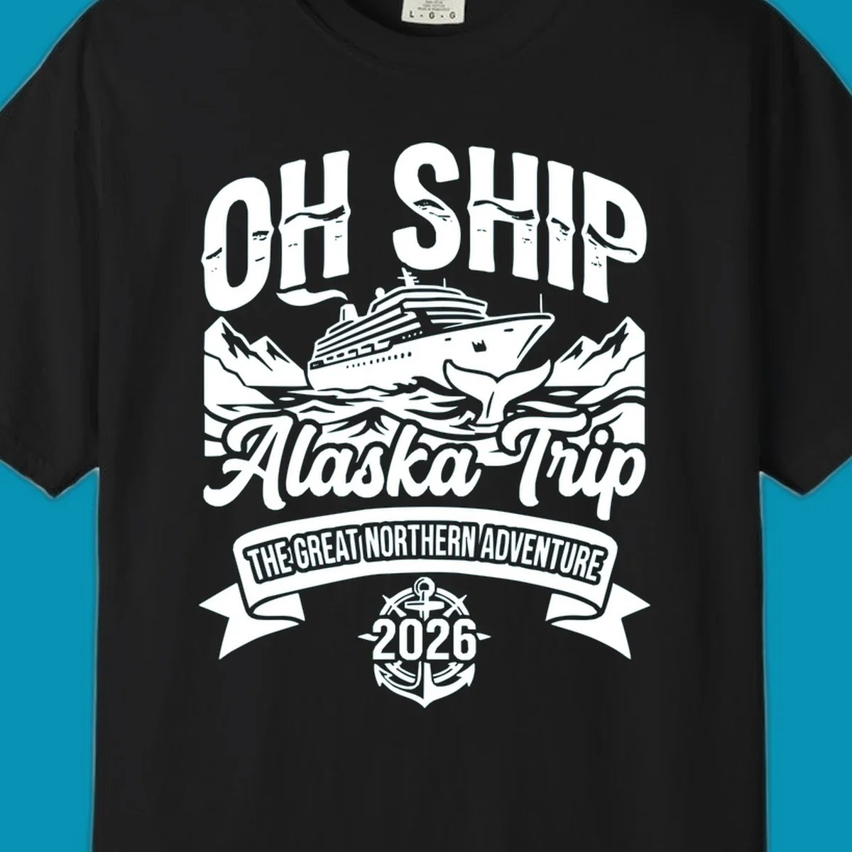 Vintage badge design with cruise ship, whale tail, and mountains for off-ship Alaska adventure trip apparel